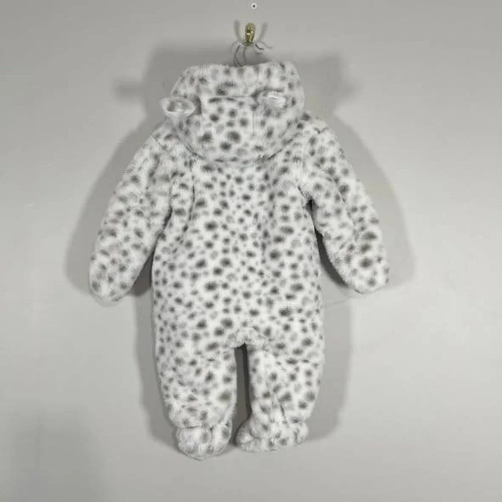First Wish Snowsuit Baby Girl Infant 9-12 Mon Leopard Print Faux Fur Snow Bib‎